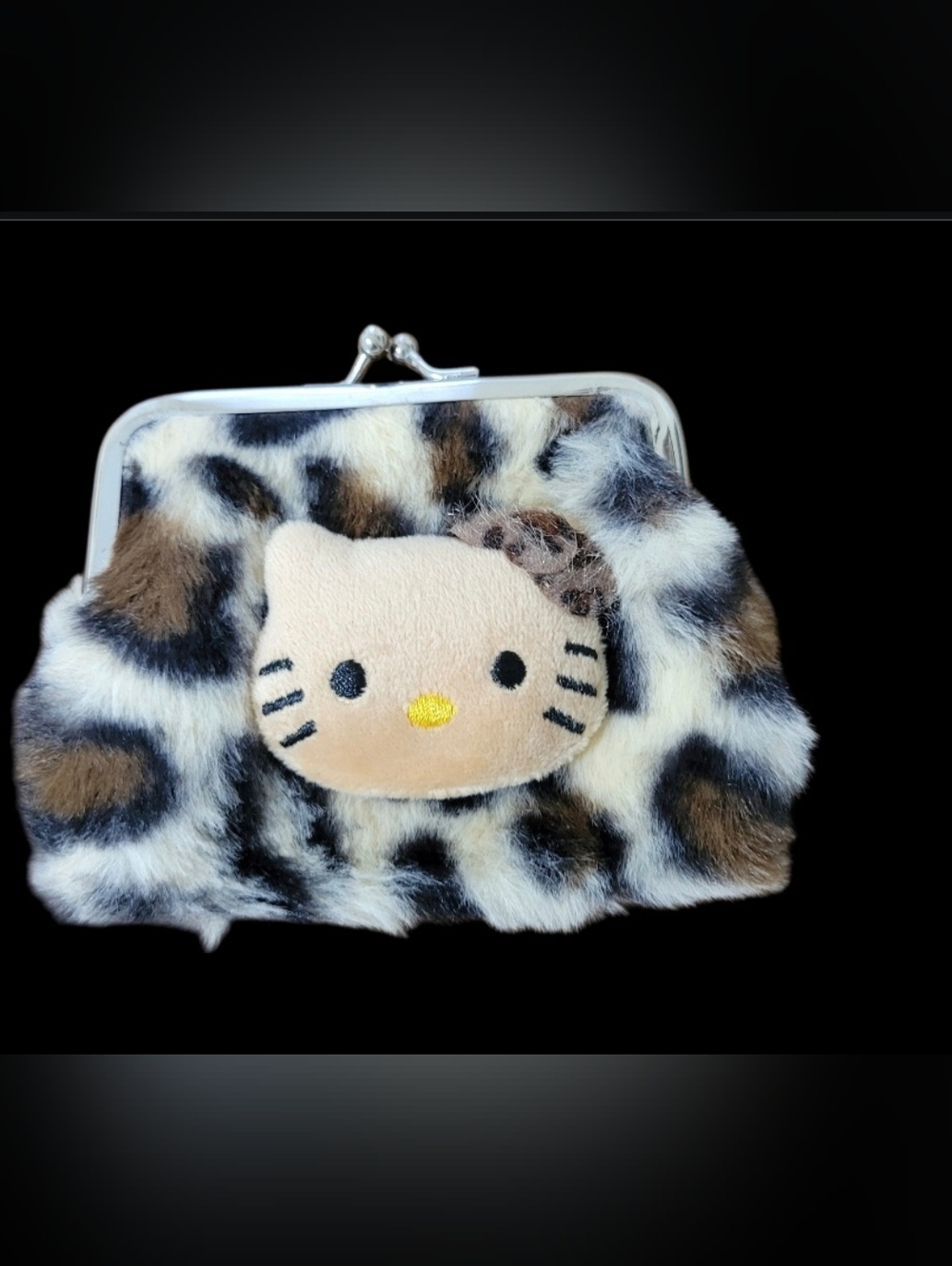 Hello Kitty Leopard Plush Kiss Lock Coin Purse - Brown, Black, Cream Faux Fur